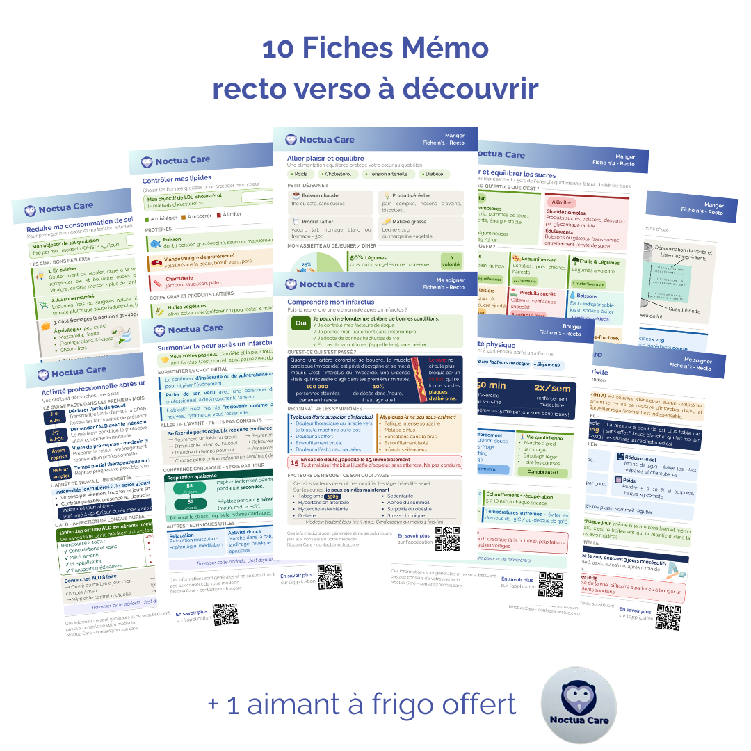 🧠 Pack 10 Fiches Mémo Noctua Care – Bien vivre après un infarctus